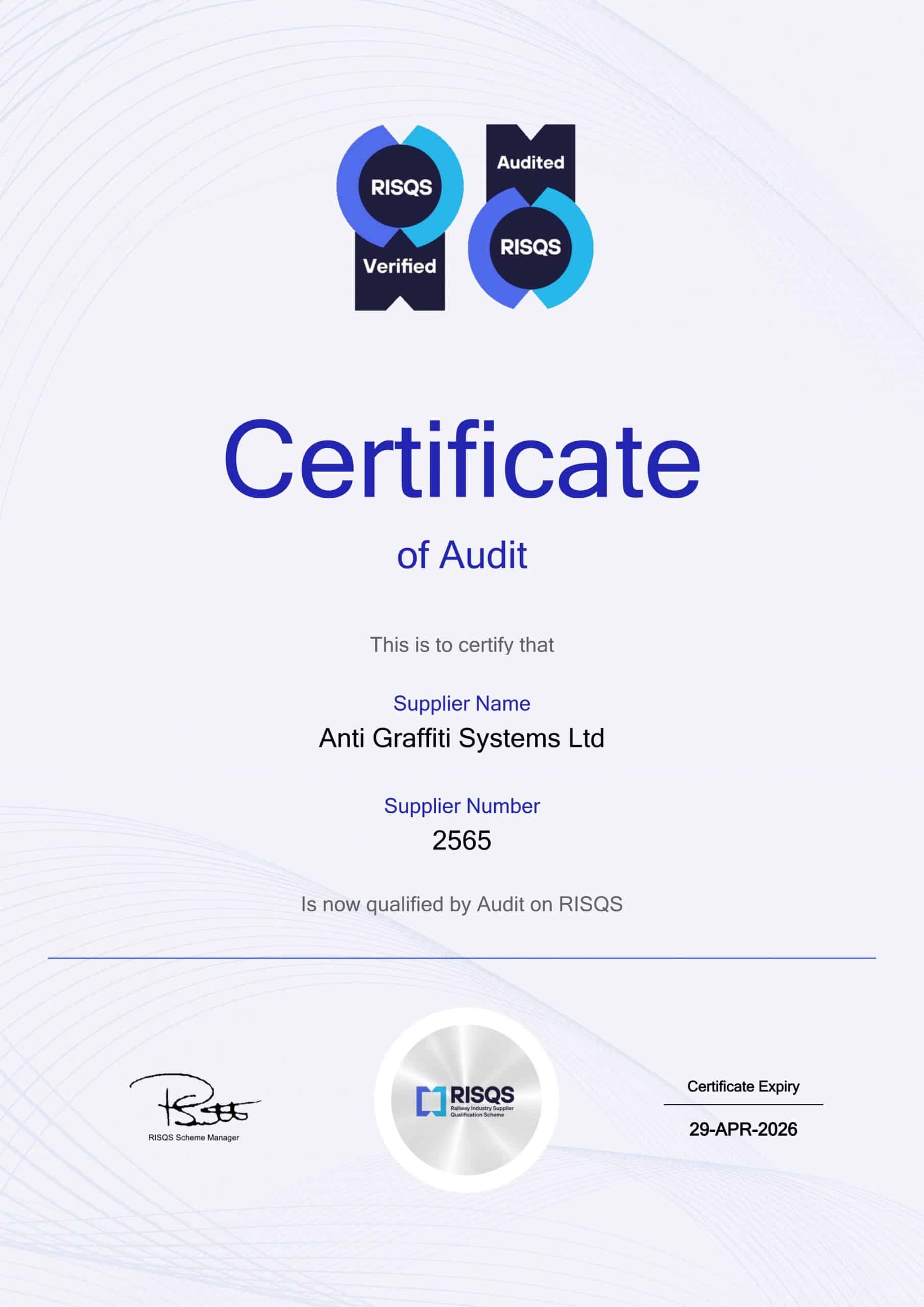 AGS One RISQS Certificate 2025-26